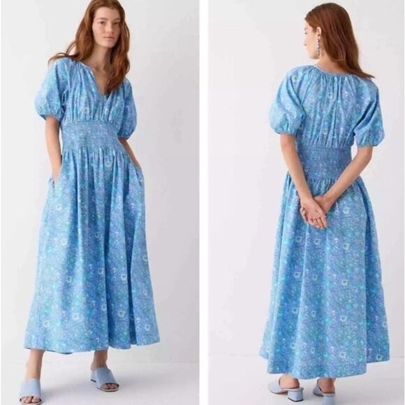 J. Crew Provence Smocked Waist Midi Dress Puff Sleeve Floral Marigold Blooms - Picture 2 of 14